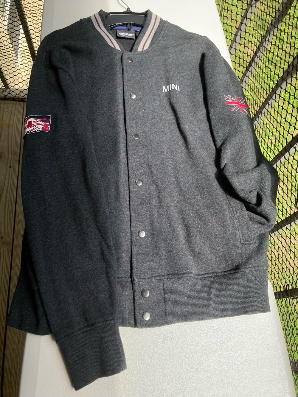 MINI Cooper Car Brand Campus Sweat Jacket Gray Varsity Style Jacket UK Flag Back